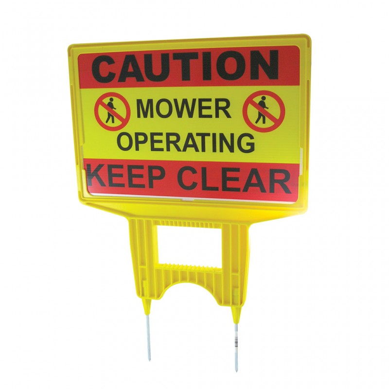 CAUTION MOWER OPERATING KEEP CLEAR WARNING SIGN STRONG PLASTIC